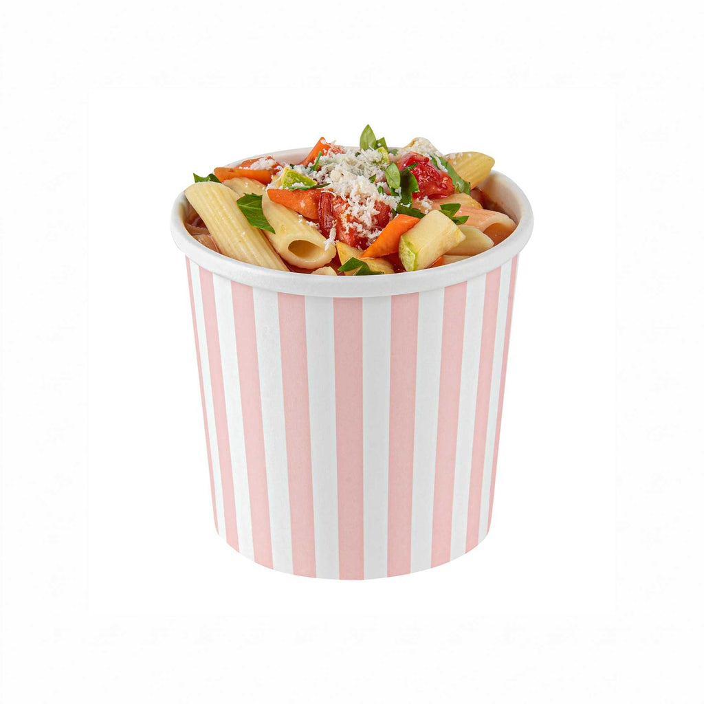 Bio Tek 12 oz Round Pink and White Stripe Paper Soup Container - 3 1/2" x 3 1/2" x 3 1/2" - 200 count box