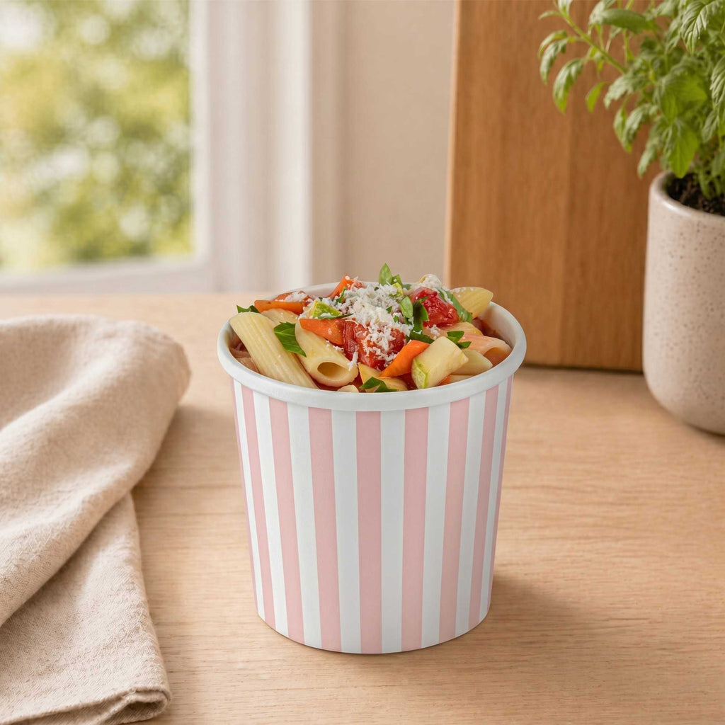 Bio Tek 12 oz Round Pink and White Stripe Paper Soup Container - 3 1/2" x 3 1/2" x 3 1/2" - 200 count box
