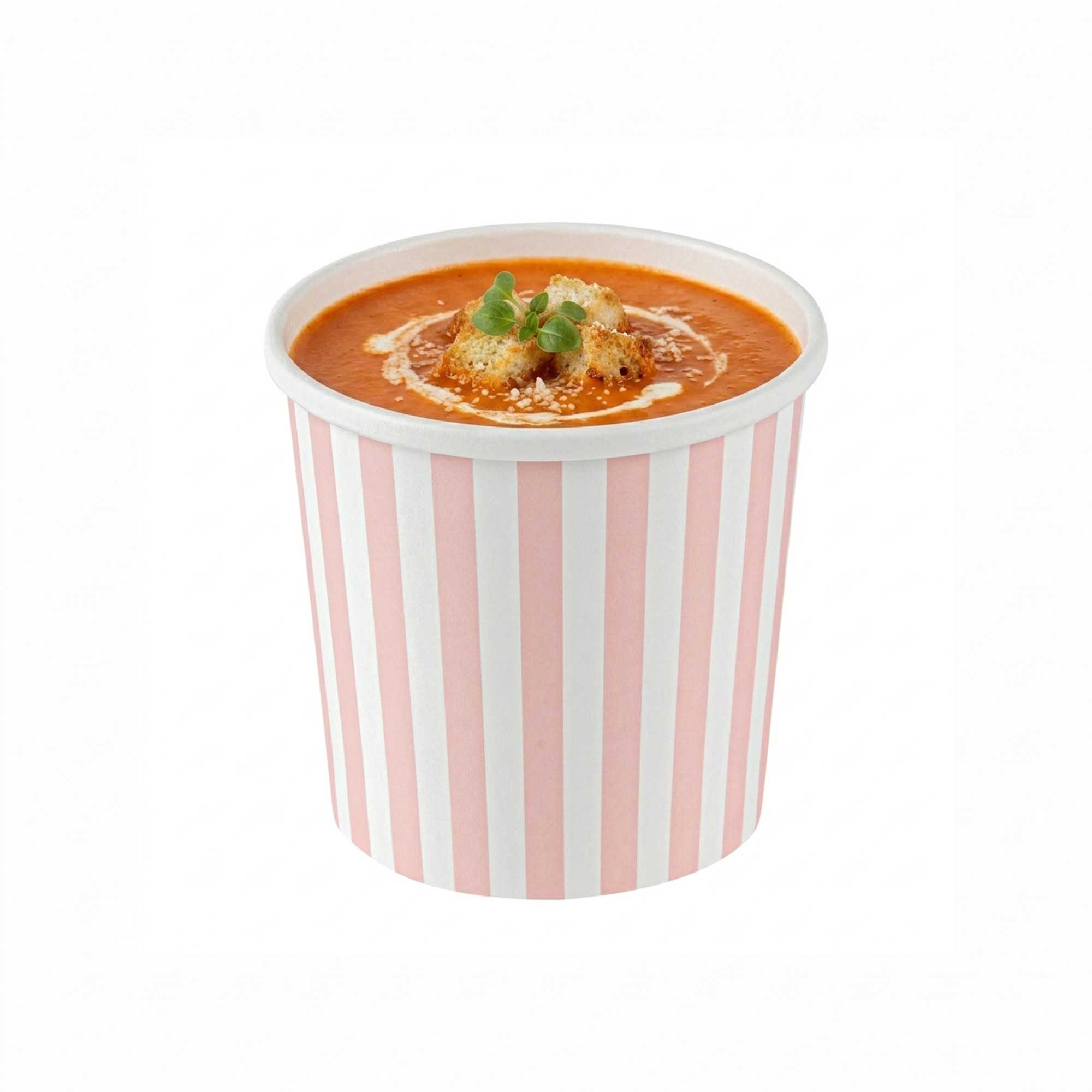 Bio Tek 12 oz Round Pink and White Stripe Paper Soup Container - 3 1/2" x 3 1/2" x 3 1/2" - 200 count box