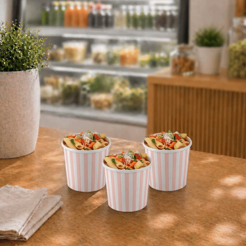 Bio Tek 12 oz Round Pink and White Stripe Paper Soup Container - 3 1/2" x 3 1/2" x 3 1/2" - 200 count box
