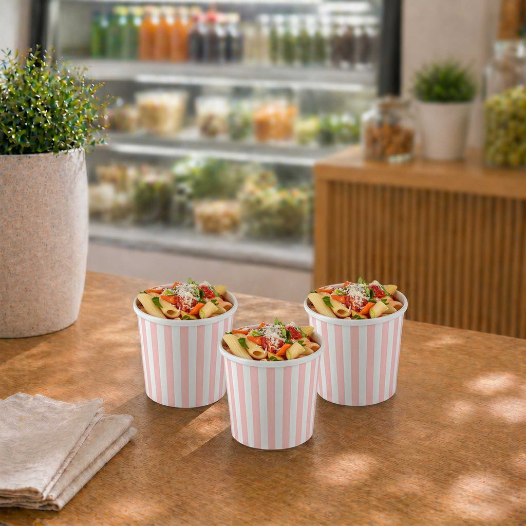 Bio Tek 12 oz Round Pink and White Stripe Paper Soup Container - 3 1/2" x 3 1/2" x 3 1/2" - 200 count box
