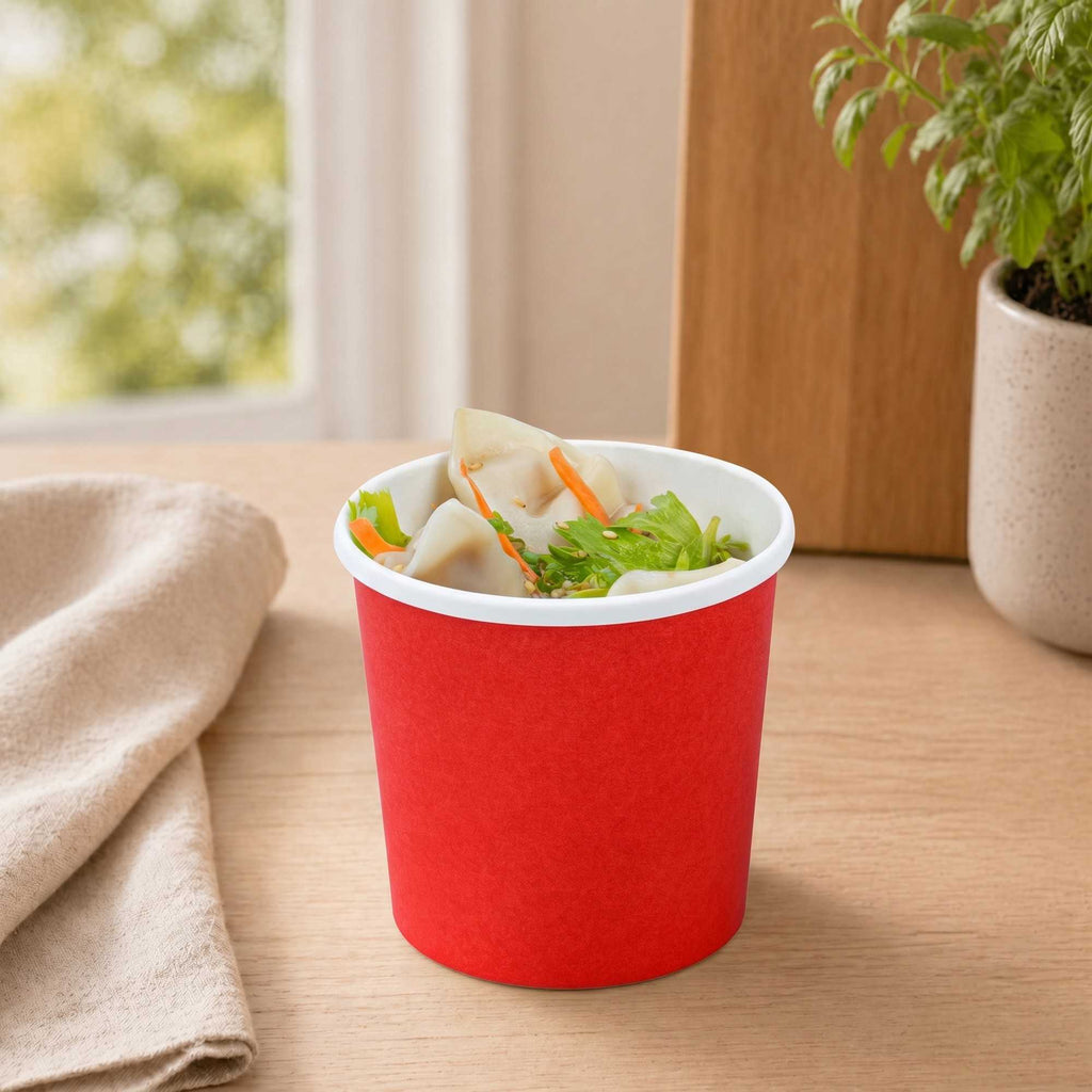 Bio Tek 12 oz Round Red Paper Soup Container - 3 1/2" x 3 1/2" x 3 1/2" - 25 count box