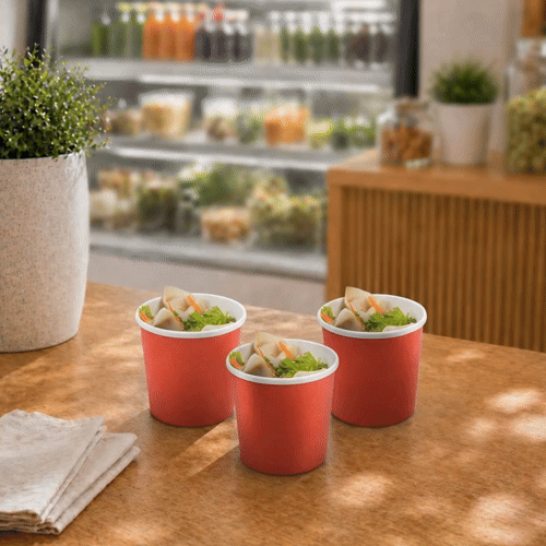 Bio Tek 12 oz Round Red Paper Soup Container - 3 1/2" x 3 1/2" x 3 1/2" - 25 count box