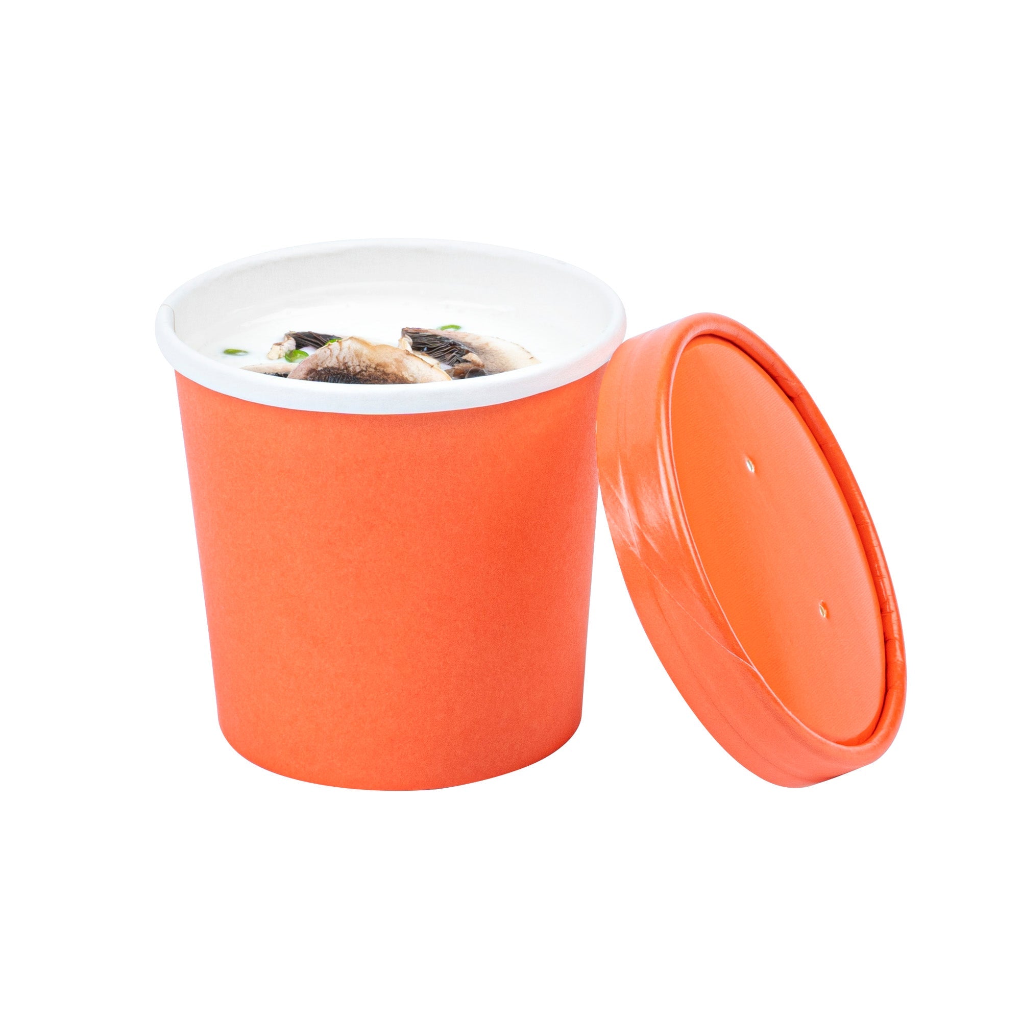 Bio Tek 12 oz Round Tangerine Orange Paper Soup Container - 3 1/2" x 3 1/2" x 3 1/2" - 25 count box