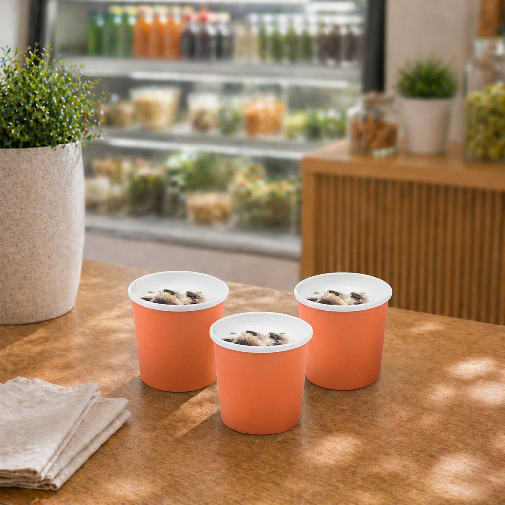 Bio Tek 12 oz Round Tangerine Orange Paper Soup Container - 3 1/2" x 3 1/2" x 3 1/2" - 200 count box
