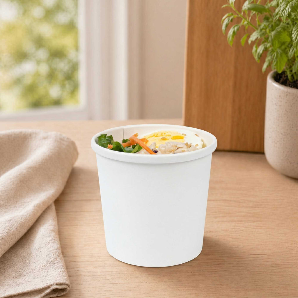 Bio Tek 12 oz Round White Paper Soup Container - 3 1/2" x 3 1/2" x 3 1/2" - 25 count box