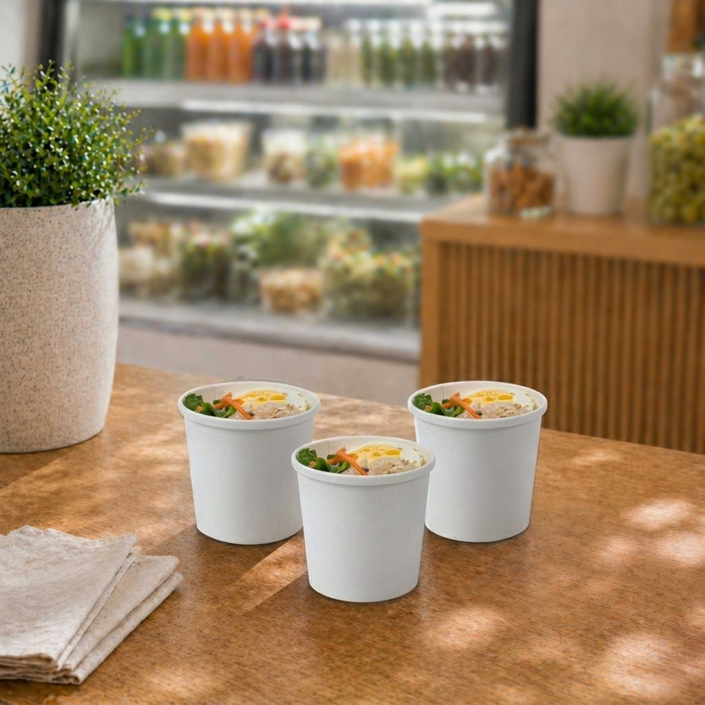 Bio Tek 12 oz Round White Paper Soup Container - 3 1/2" x 3 1/2" x 3 1/2" - 25 count box