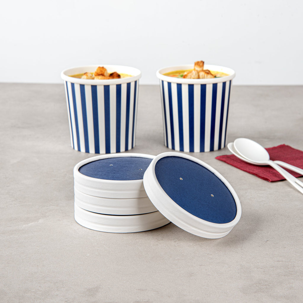 Bio Tek Round Blue and White Stripe Paper Soup Container Lid - Fits 12 oz - 25 count box
