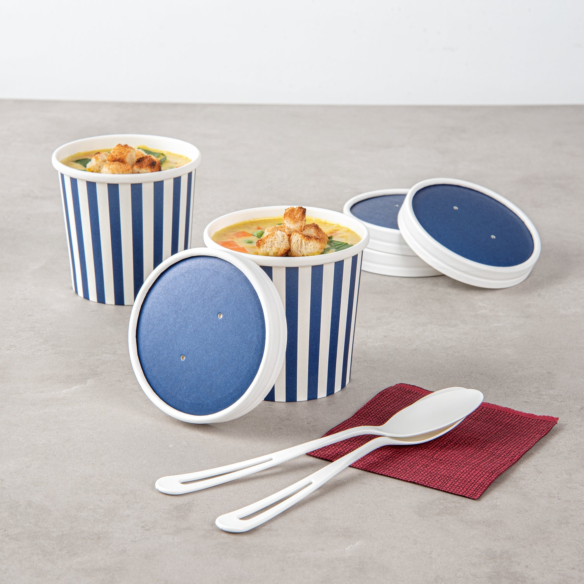 Bio Tek Round Blue and White Stripe Paper Soup Container Lid - Fits 12 oz - 25 count box