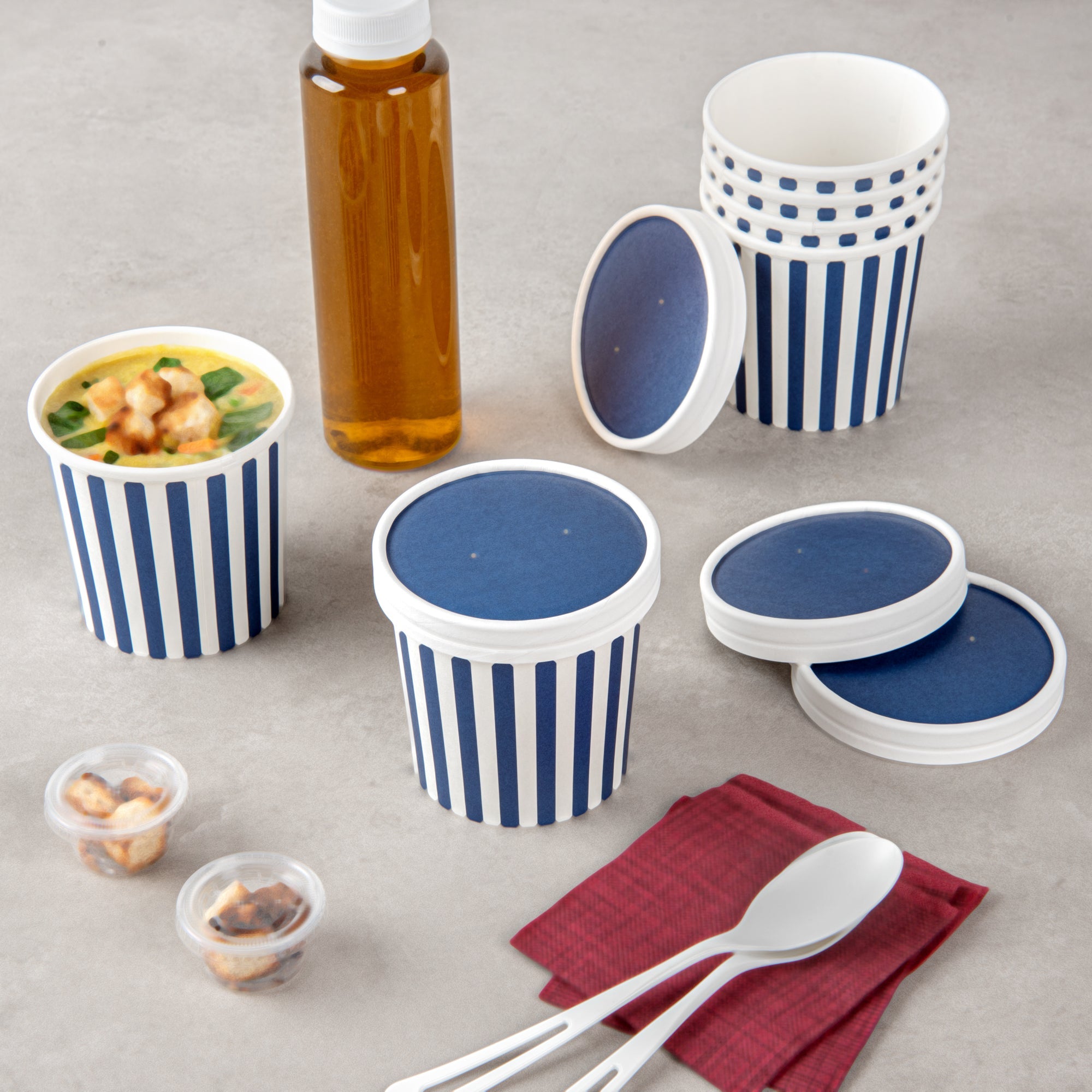 Bio Tek Round Blue and White Stripe Paper Soup Container Lid - Fits 12 oz - 25 count box