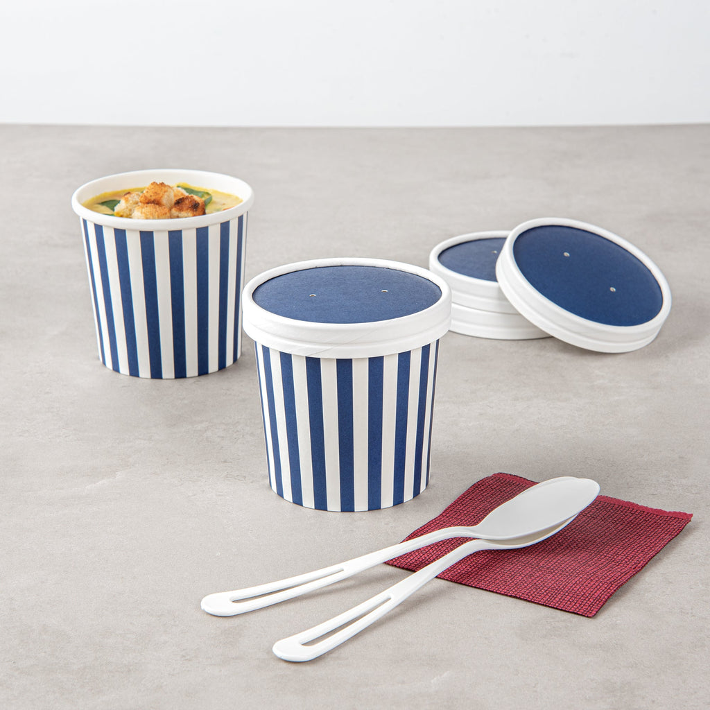 Bio Tek Round Blue and White Stripe Paper Soup Container Lid - Fits 12 oz - 200 count box