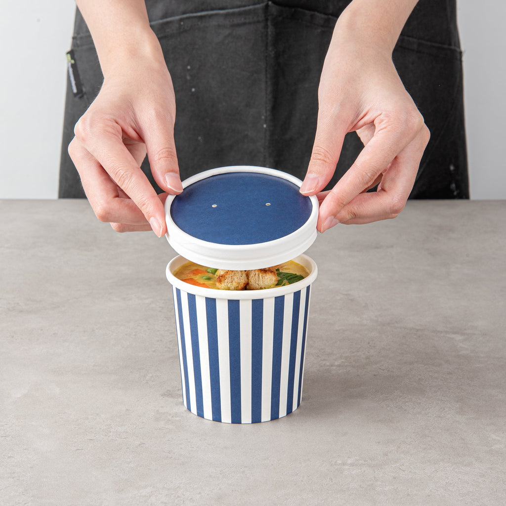 Bio Tek Round Blue and White Stripe Paper Soup Container Lid - Fits 12 oz - 200 count box