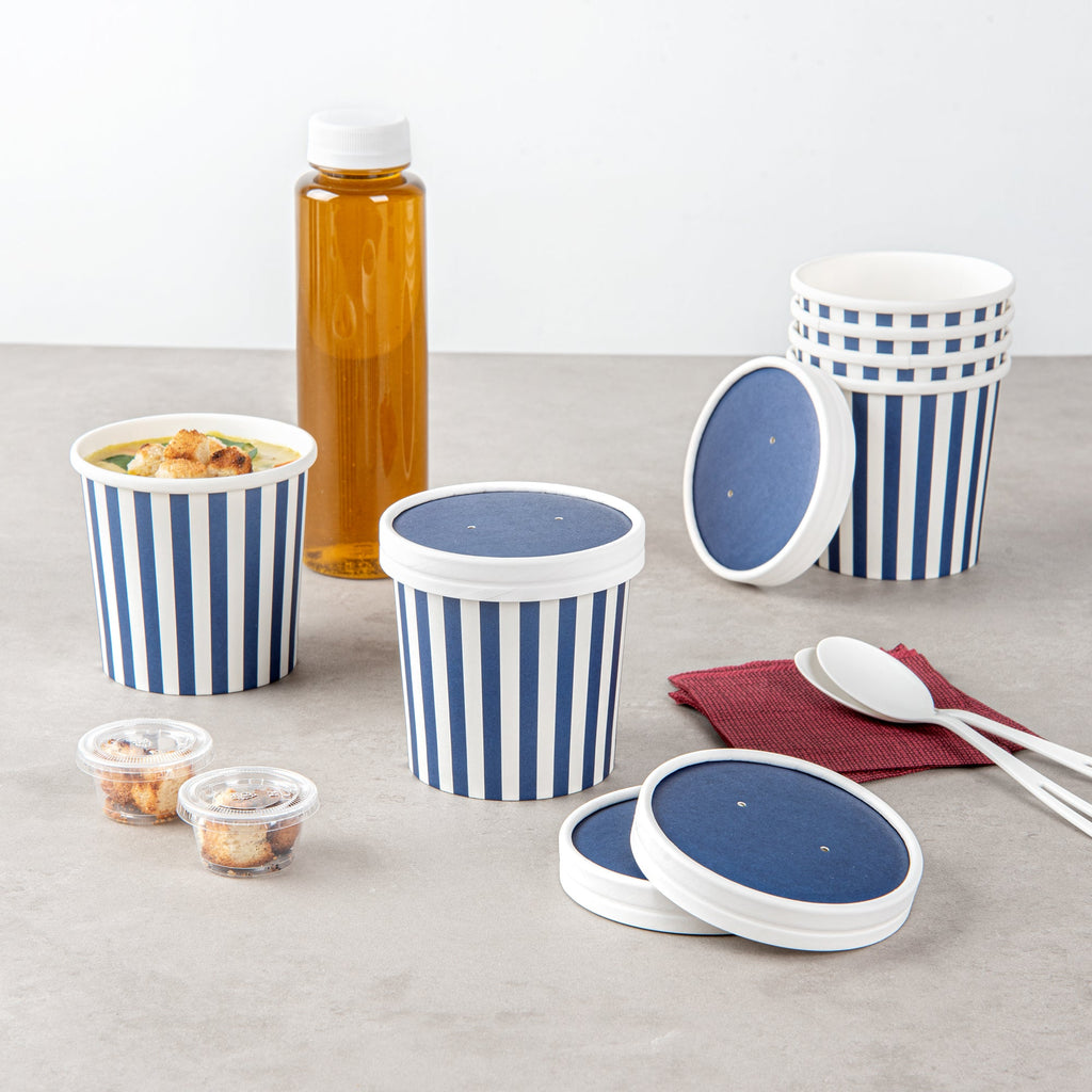Bio Tek Round Blue and White Stripe Paper Soup Container Lid - Fits 12 oz - 200 count box