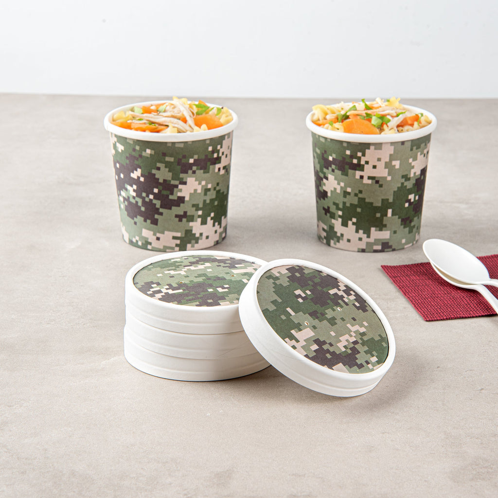 Bio Tek Round Camouflage Paper Soup Container Lid - Fits 12 oz - 25 count box