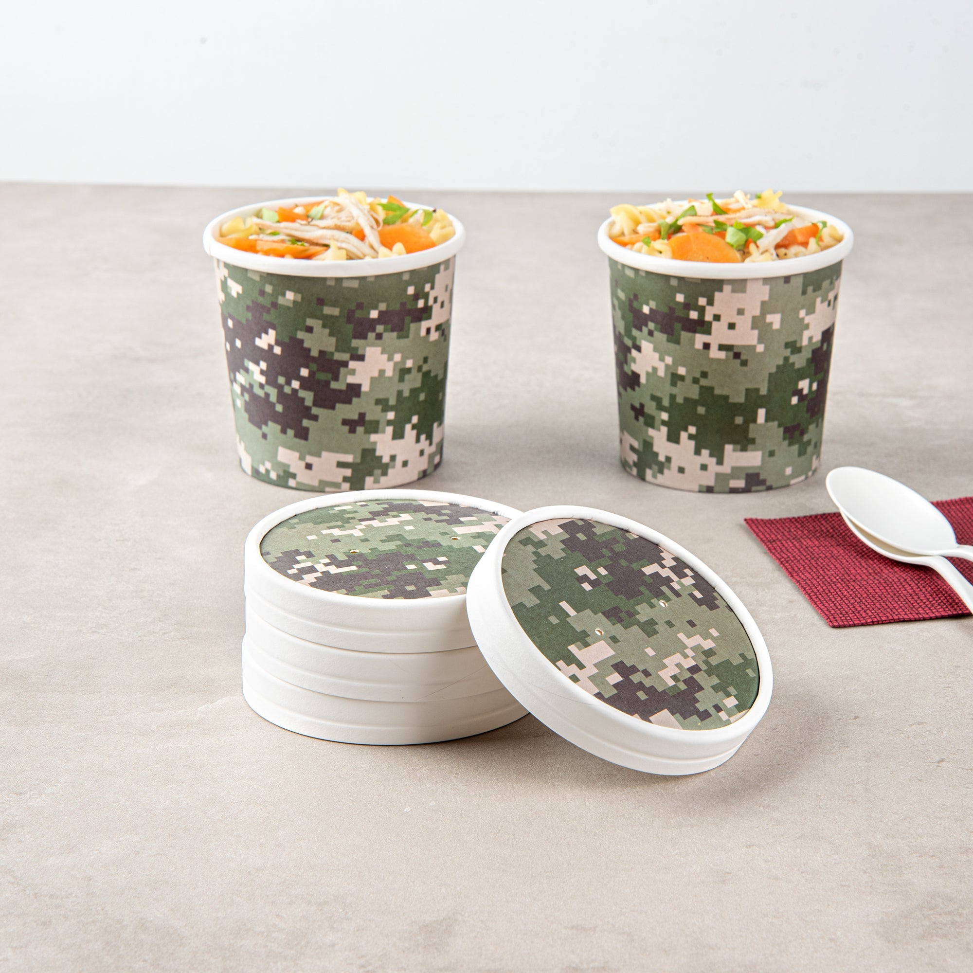 Bio Tek Round Camouflage Paper Soup Container Lid - Fits 12 oz - 25 count box
