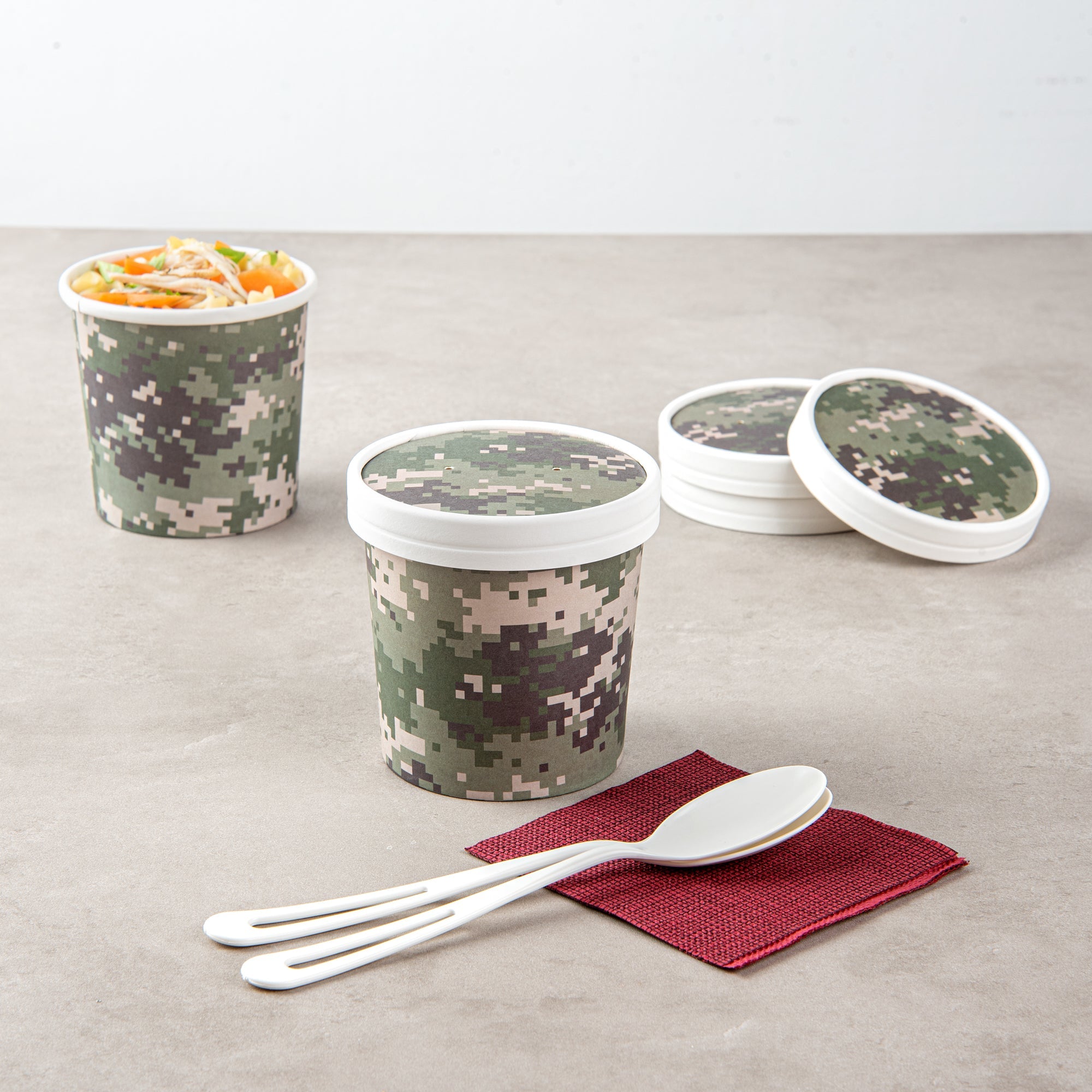 Bio Tek Round Camouflage Paper Soup Container Lid - Fits 12 oz - 25 count box