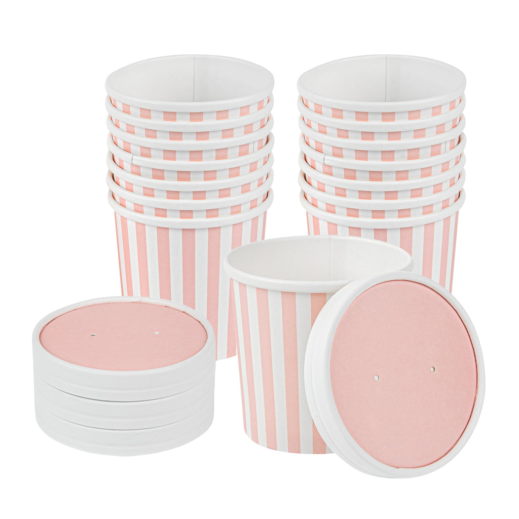 Bio Tek Round Pink and White Stripe Paper Soup Container Lid - Fits 12 oz - 25 count box