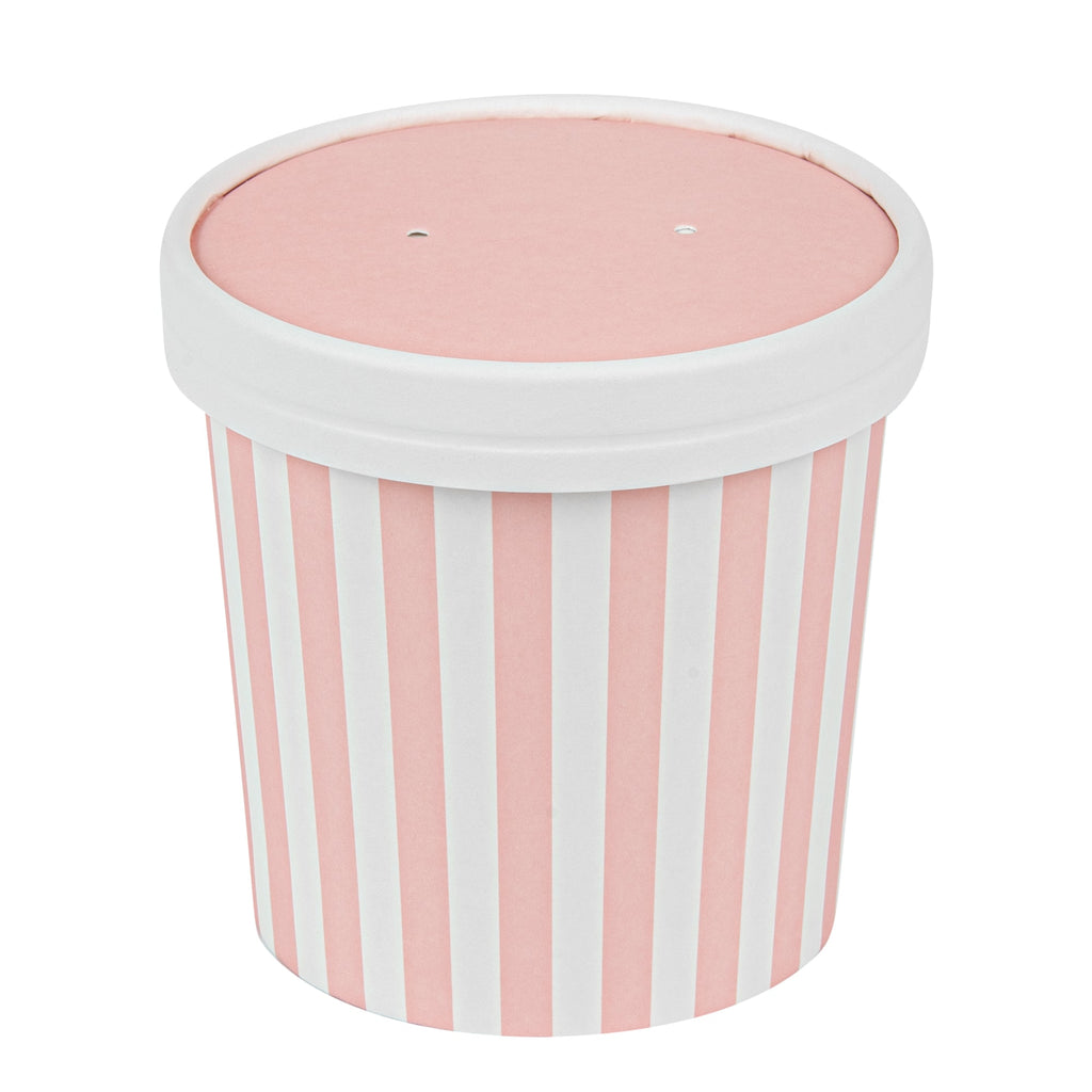 Bio Tek Round Pink and White Stripe Paper Soup Container Lid - Fits 12 oz - 25 count box