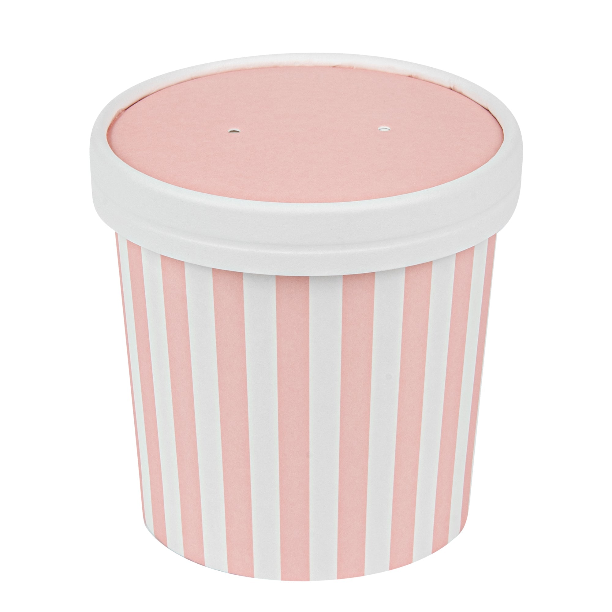 Bio Tek Round Pink and White Stripe Paper Soup Container Lid - Fits 12 oz - 25 count box