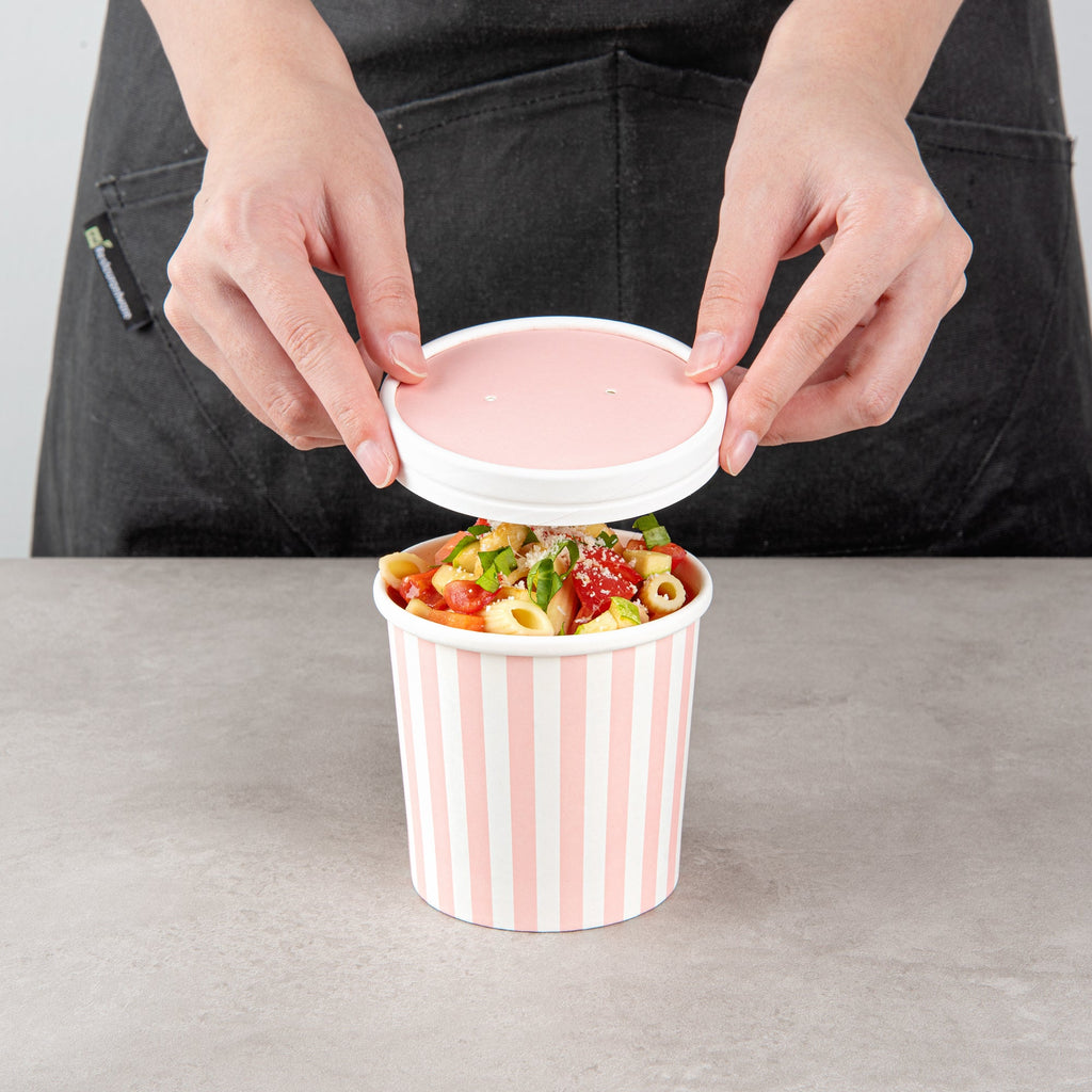 Bio Tek Round Pink and White Stripe Paper Soup Container Lid - Fits 12 oz - 25 count box