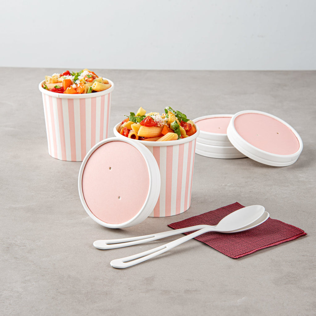 Bio Tek Round Pink and White Stripe Paper Soup Container Lid - Fits 12 oz - 25 count box