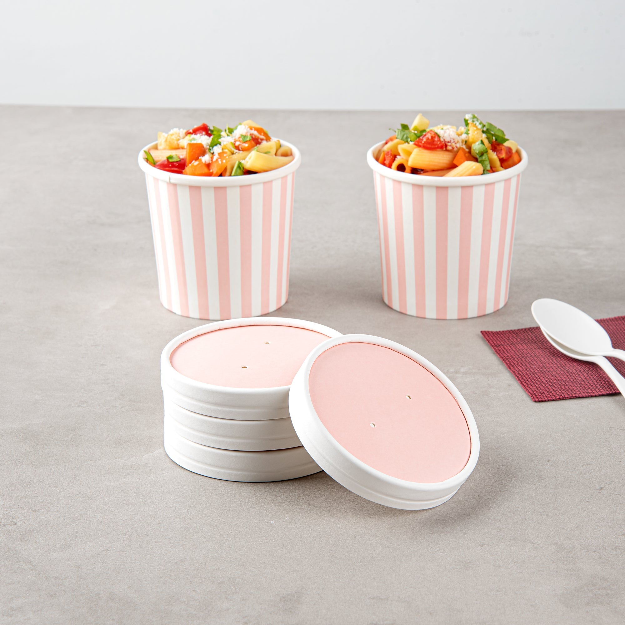 Bio Tek Round Pink and White Stripe Paper Soup Container Lid - Fits 12 oz - 200 count box