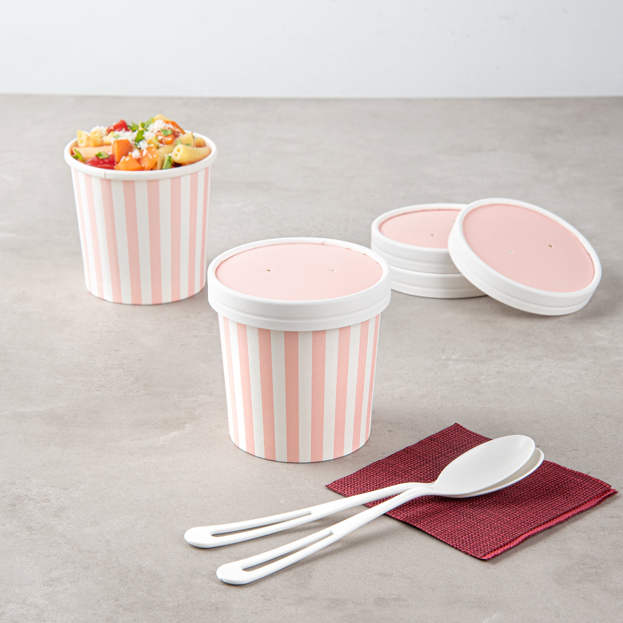 Bio Tek Round Pink and White Stripe Paper Soup Container Lid - Fits 12 oz - 200 count box