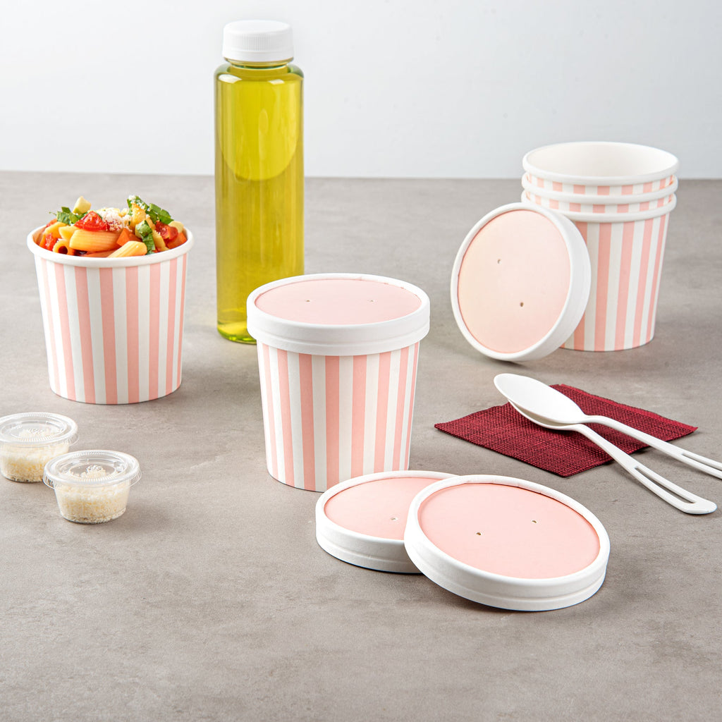 Bio Tek Round Pink and White Stripe Paper Soup Container Lid - Fits 12 oz - 200 count box