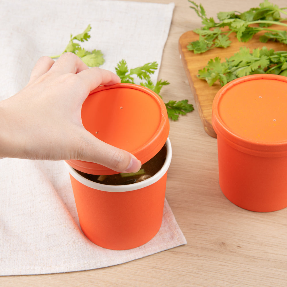 Bio Tek Round Tangerine Orange Paper Soup Container Lid - Fits 12 oz - 25 count box