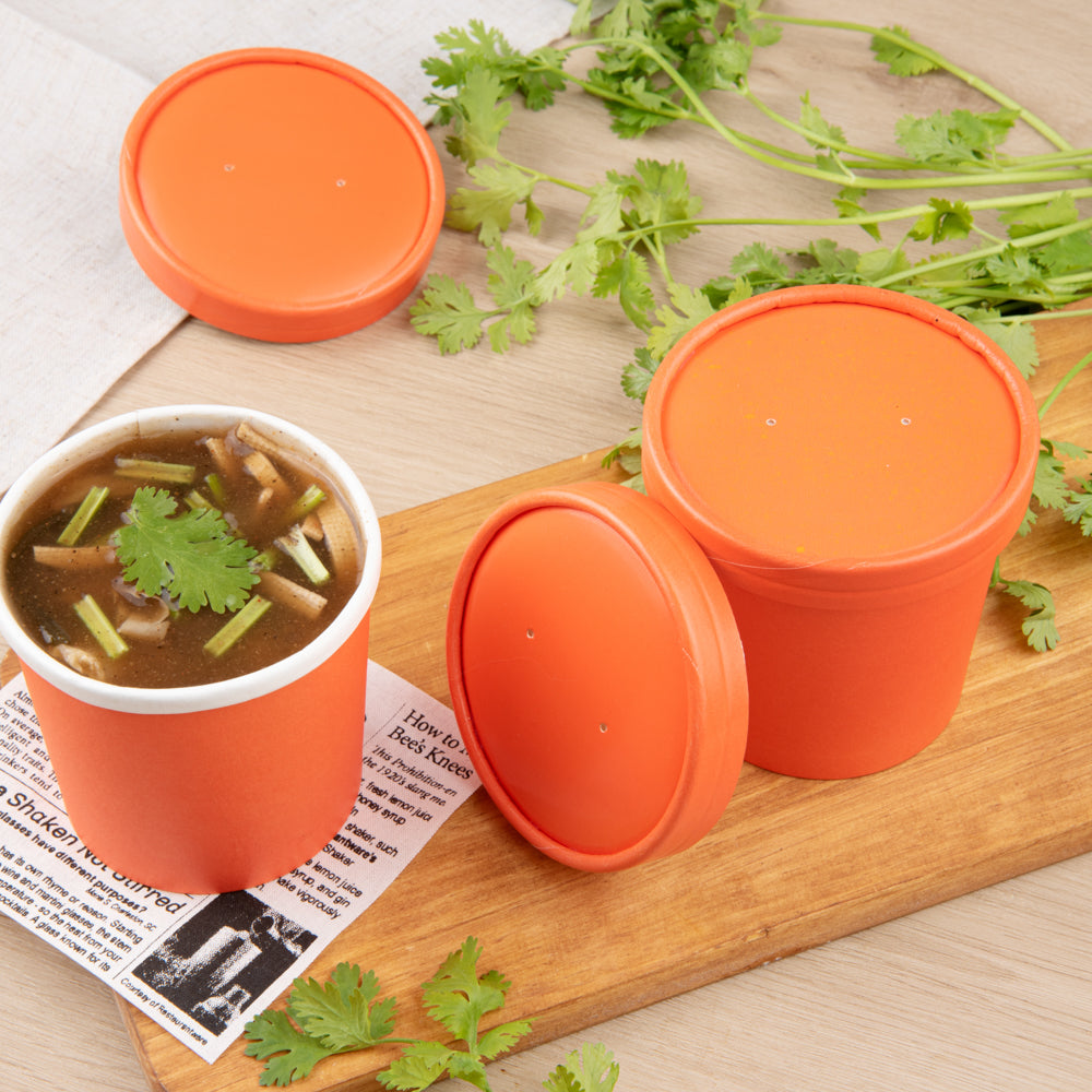 Bio Tek Round Tangerine Orange Paper Soup Container Lid - Fits 12 oz - 25 count box