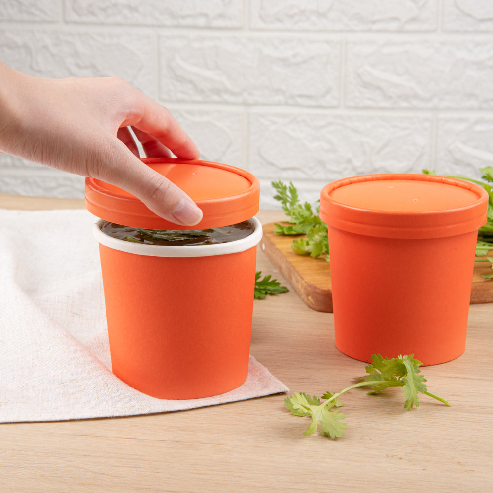 Bio Tek Round Tangerine Orange Paper Soup Container Lid - Fits 12 oz - 200 count box