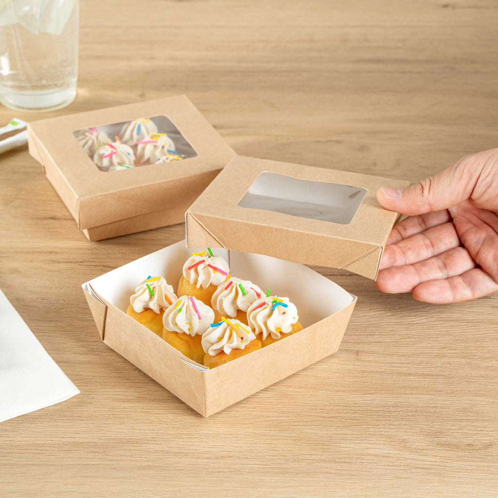 Cafe Vision 13 oz Square Kraft Paper Small Take Out Container - 4 1/2" x 4 1/2" x 1 1/2" - 200 count box