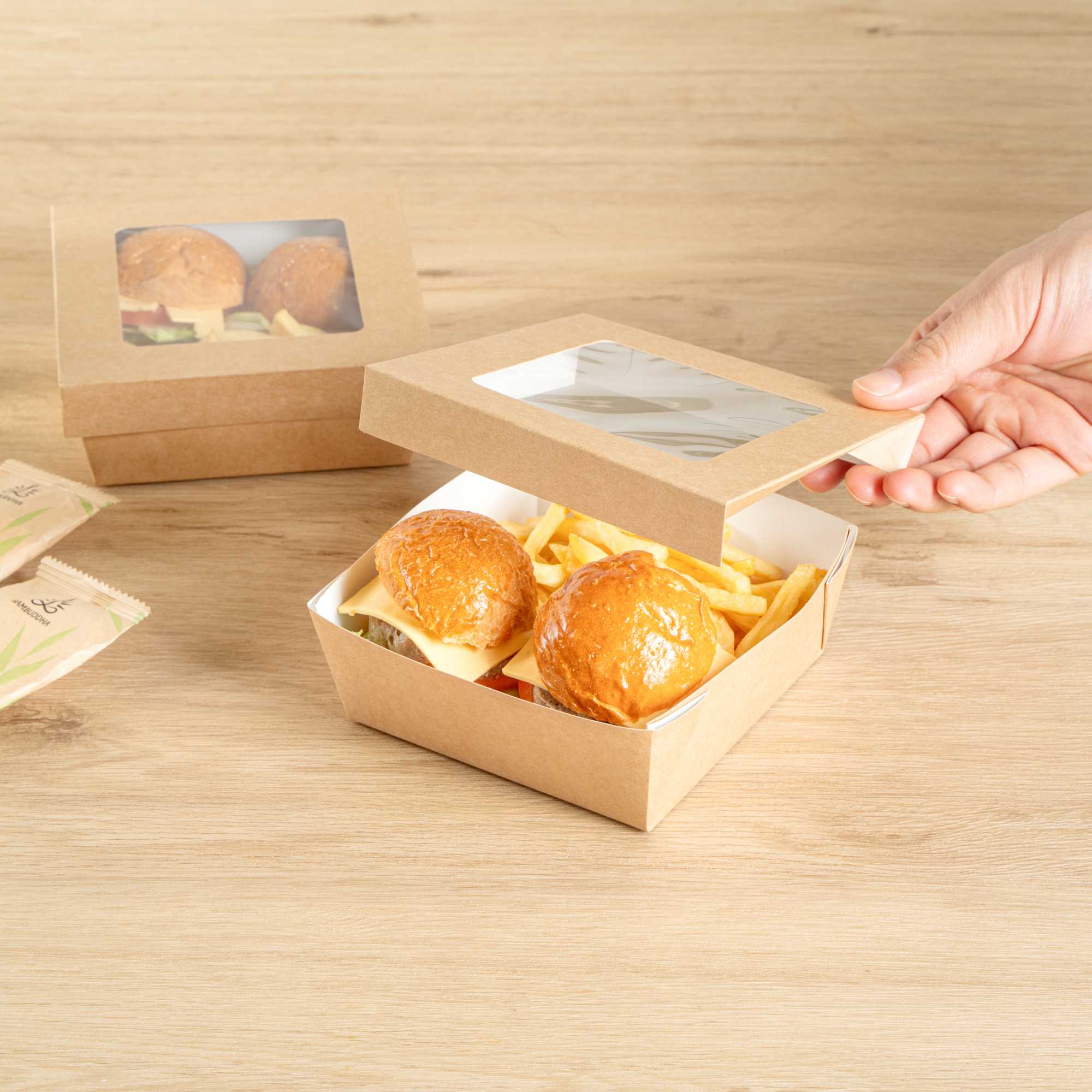 Cafe Vision 27 oz Square Kraft Paper Medium Take Out Container - 5 1/4" x 5 1/4" x 2" - 25 count box