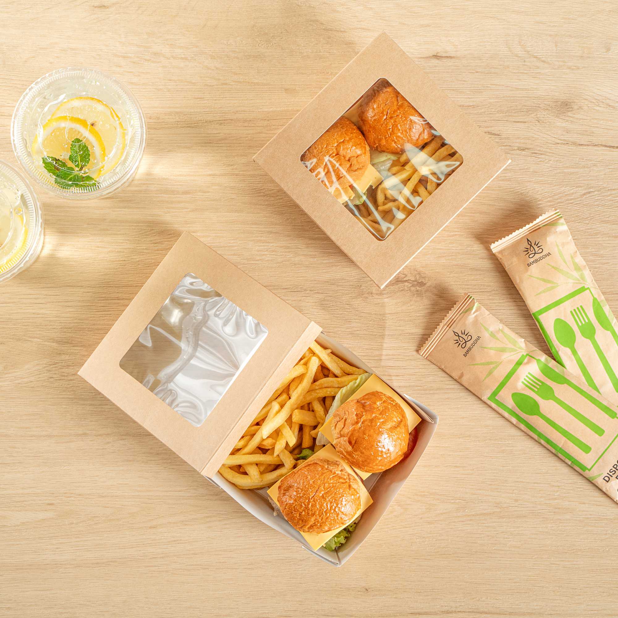 Cafe Vision 27 oz Square Kraft Paper Medium Take Out Container - 5 1/4" x 5 1/4" x 2" - 25 count box