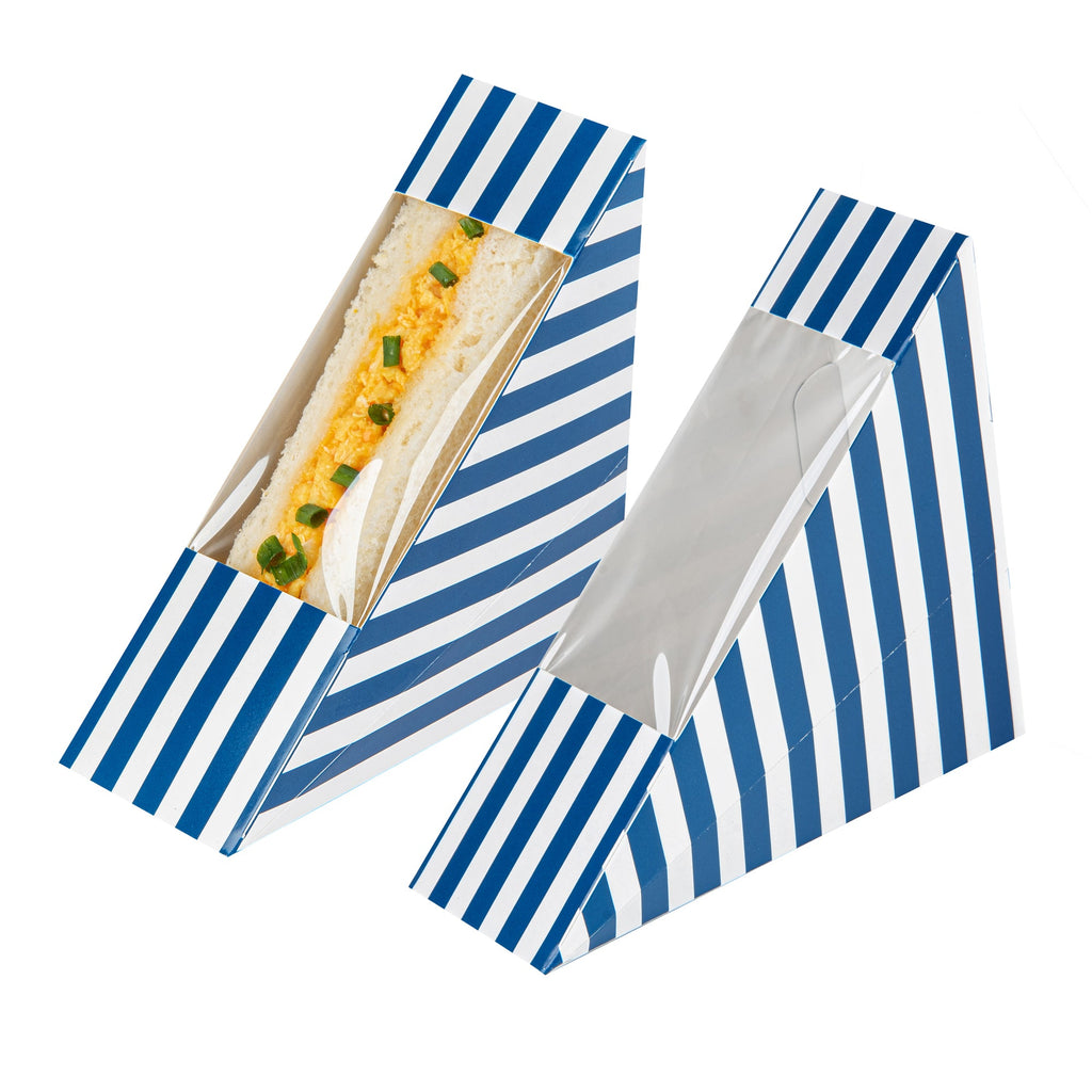 Cafe Vision Triangle Blue and White Stripe Paper Small Sandwich Box - 4 3/4" x 4 3/4" x 2" - 25 count box