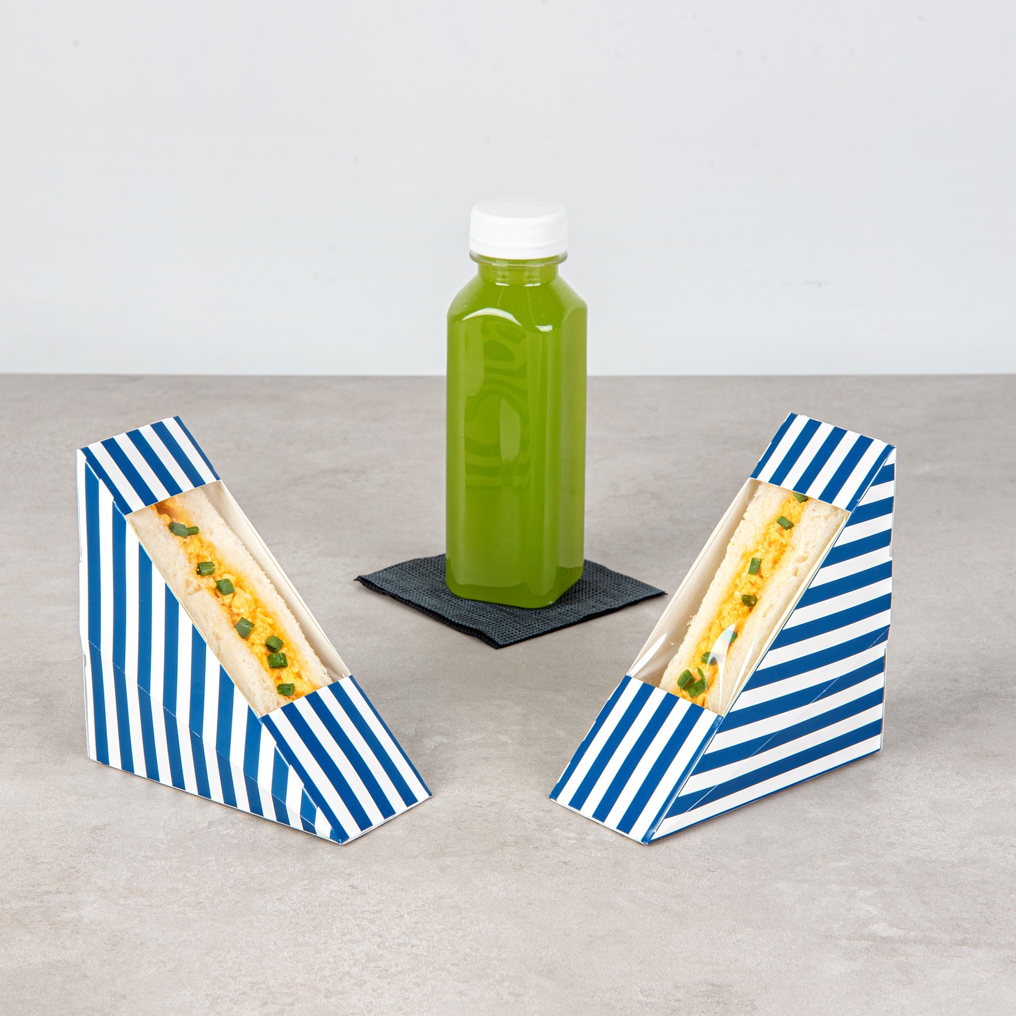 Cafe Vision Triangle Blue and White Stripe Paper Small Sandwich Box - 4 3/4" x 4 3/4" x 2" - 25 count box