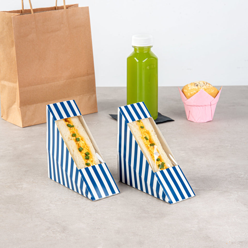 Cafe Vision Triangle Blue and White Stripe Paper Small Sandwich Box - 4 3/4" x 4 3/4" x 2" - 200 count box
