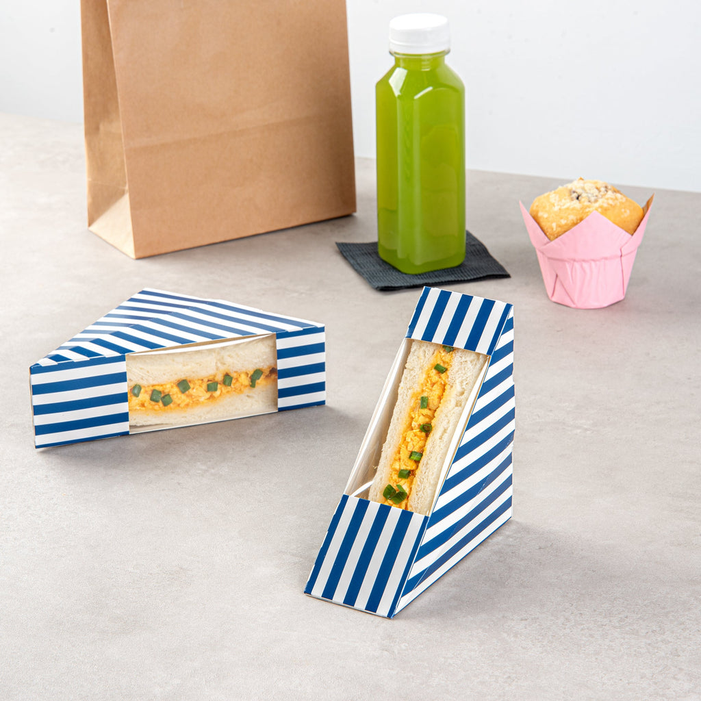 Cafe Vision Triangle Blue and White Stripe Paper Small Sandwich Box - 4 3/4" x 4 3/4" x 2" - 200 count box