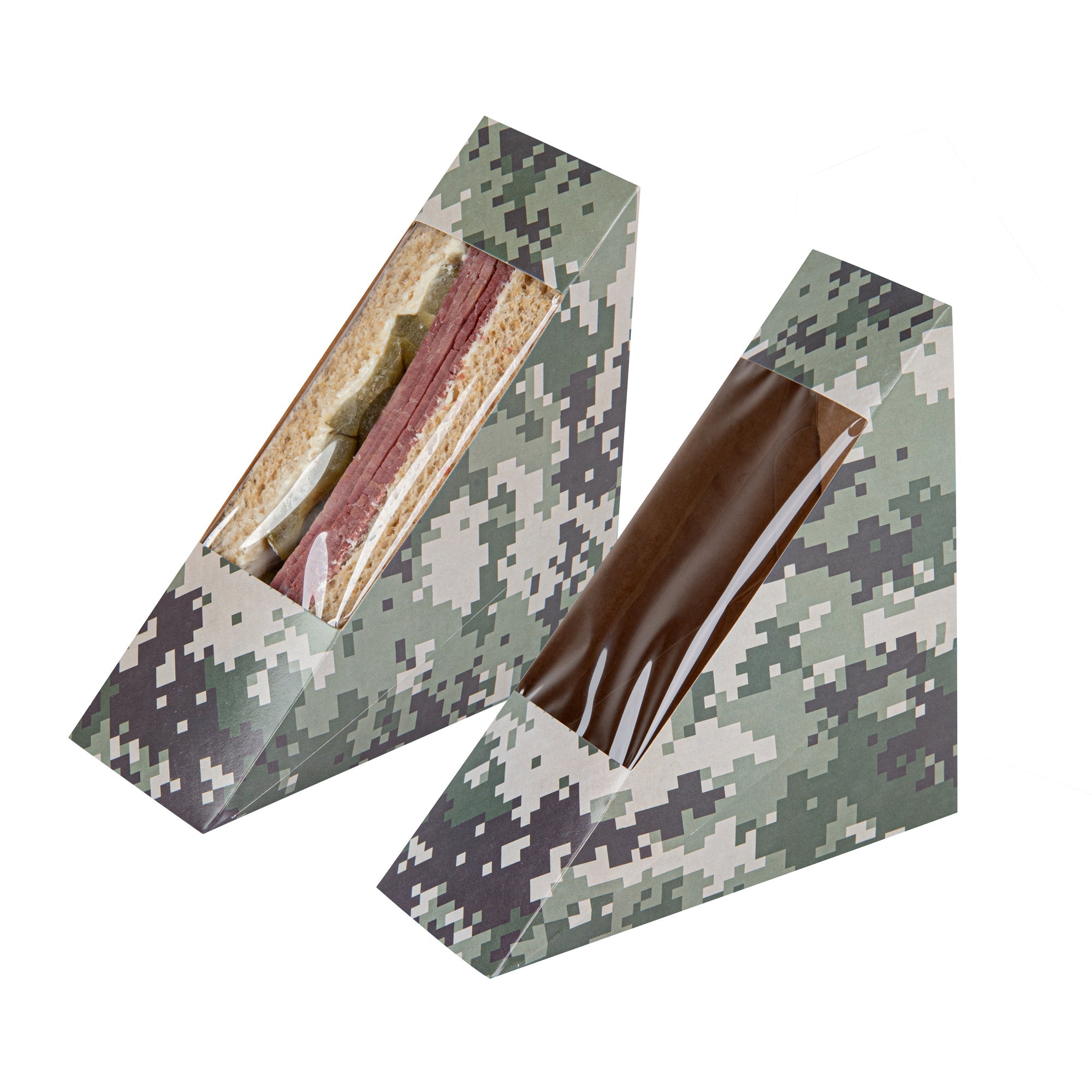 Cafe Vision Triangle Camouflage Paper Small Sandwich Box - 4 3/4" x 4 3/4" x 2" - 25 count box