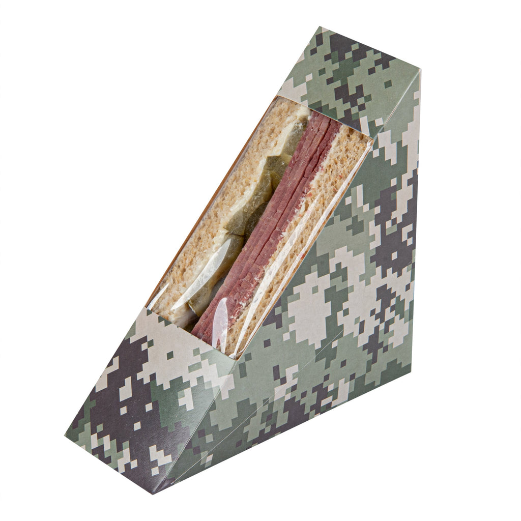 Cafe Vision Triangle Camouflage Paper Small Sandwich Box - 4 3/4" x 4 3/4" x 2" - 25 count box