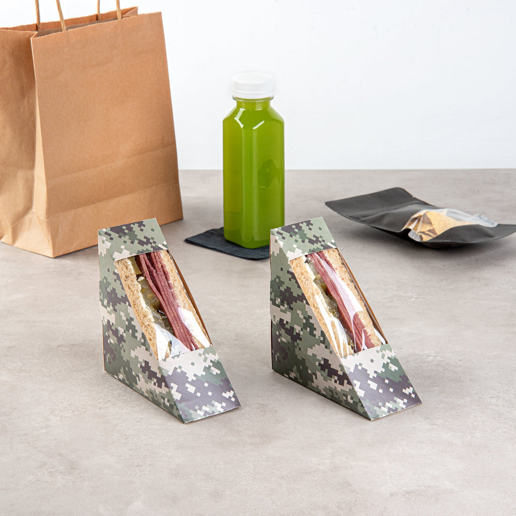 Cafe Vision Triangle Camouflage Paper Small Sandwich Box - 4 3/4" x 4 3/4" x 2" - 200 count box