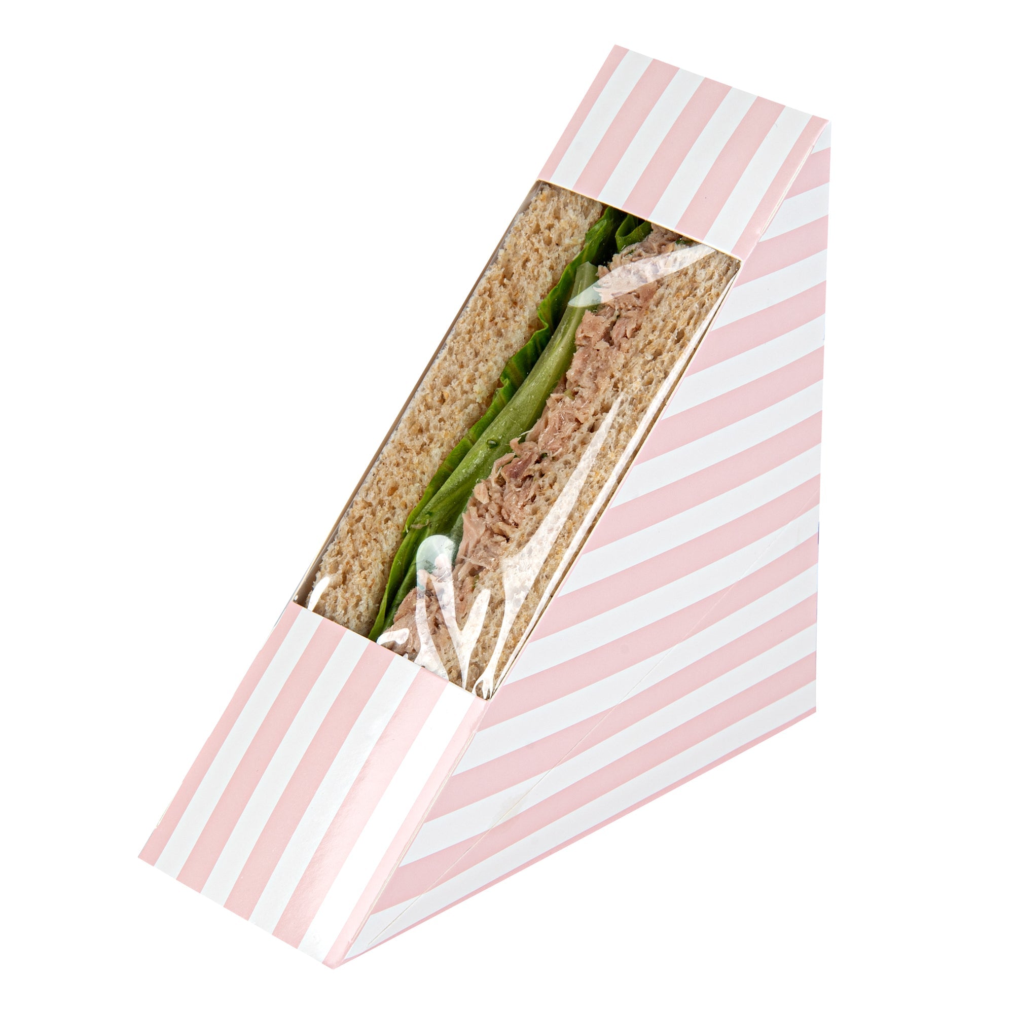 Cafe Vision Triangle Pink and White Stripe Paper Small Sandwich Box - 4 3/4" x 4 3/4" x 2" - 25 count box