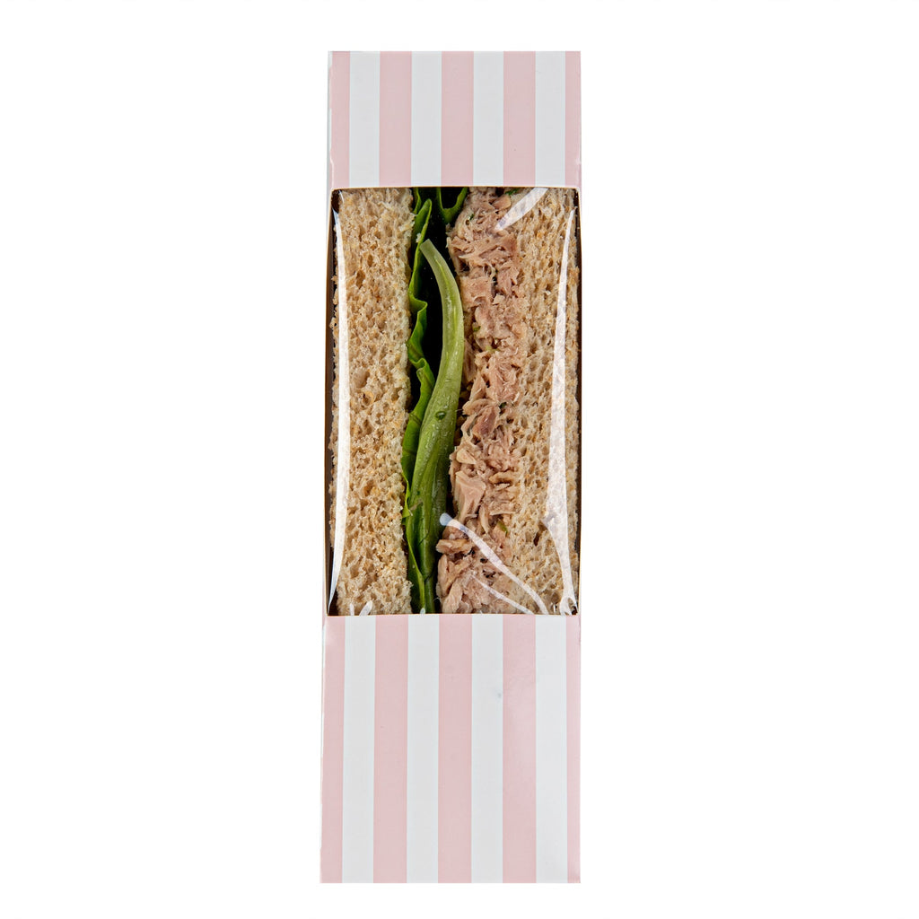 Cafe Vision Triangle Pink and White Stripe Paper Small Sandwich Box - 4 3/4" x 4 3/4" x 2" - 25 count box