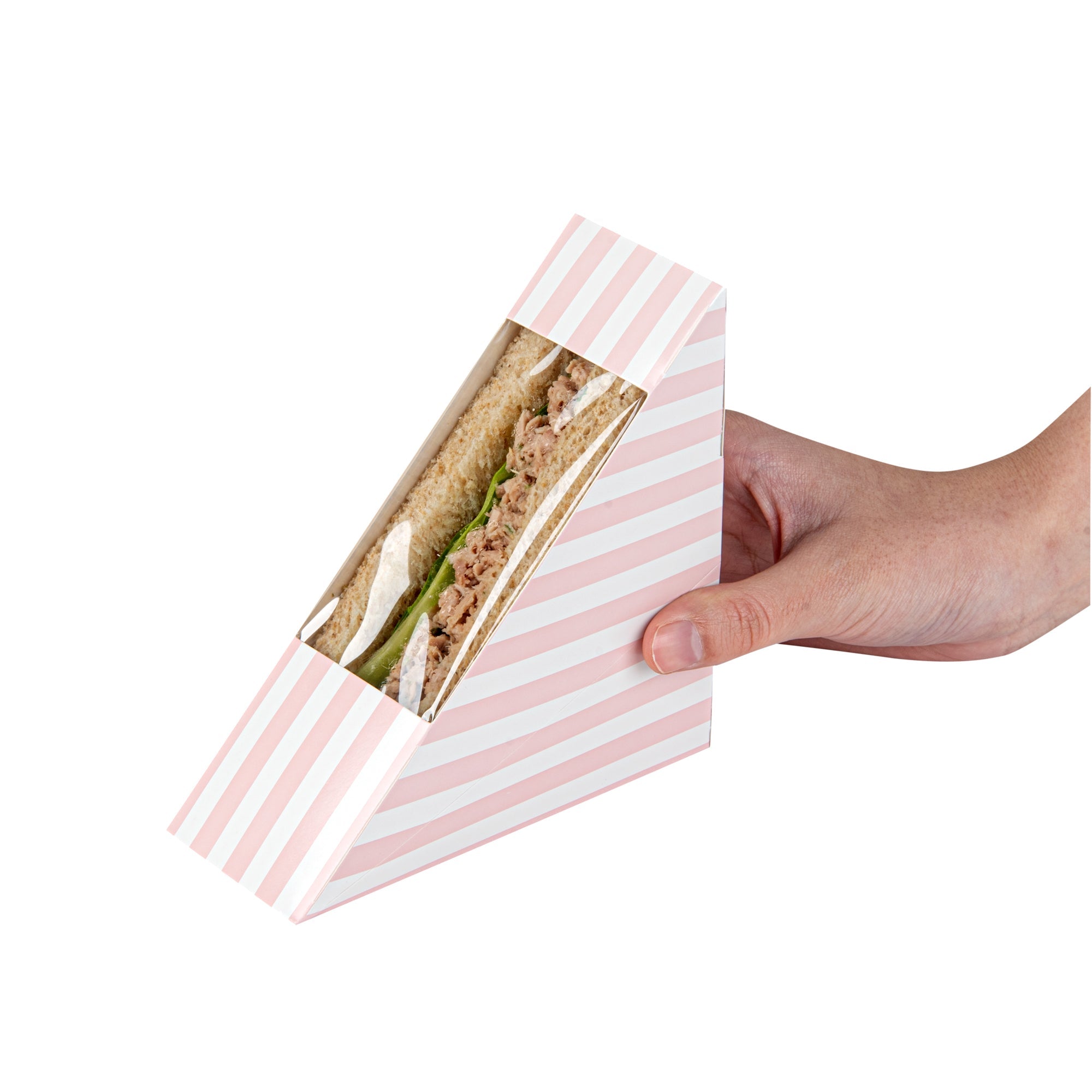 Cafe Vision Triangle Pink and White Stripe Paper Small Sandwich Box - 4 3/4" x 4 3/4" x 2" - 25 count box