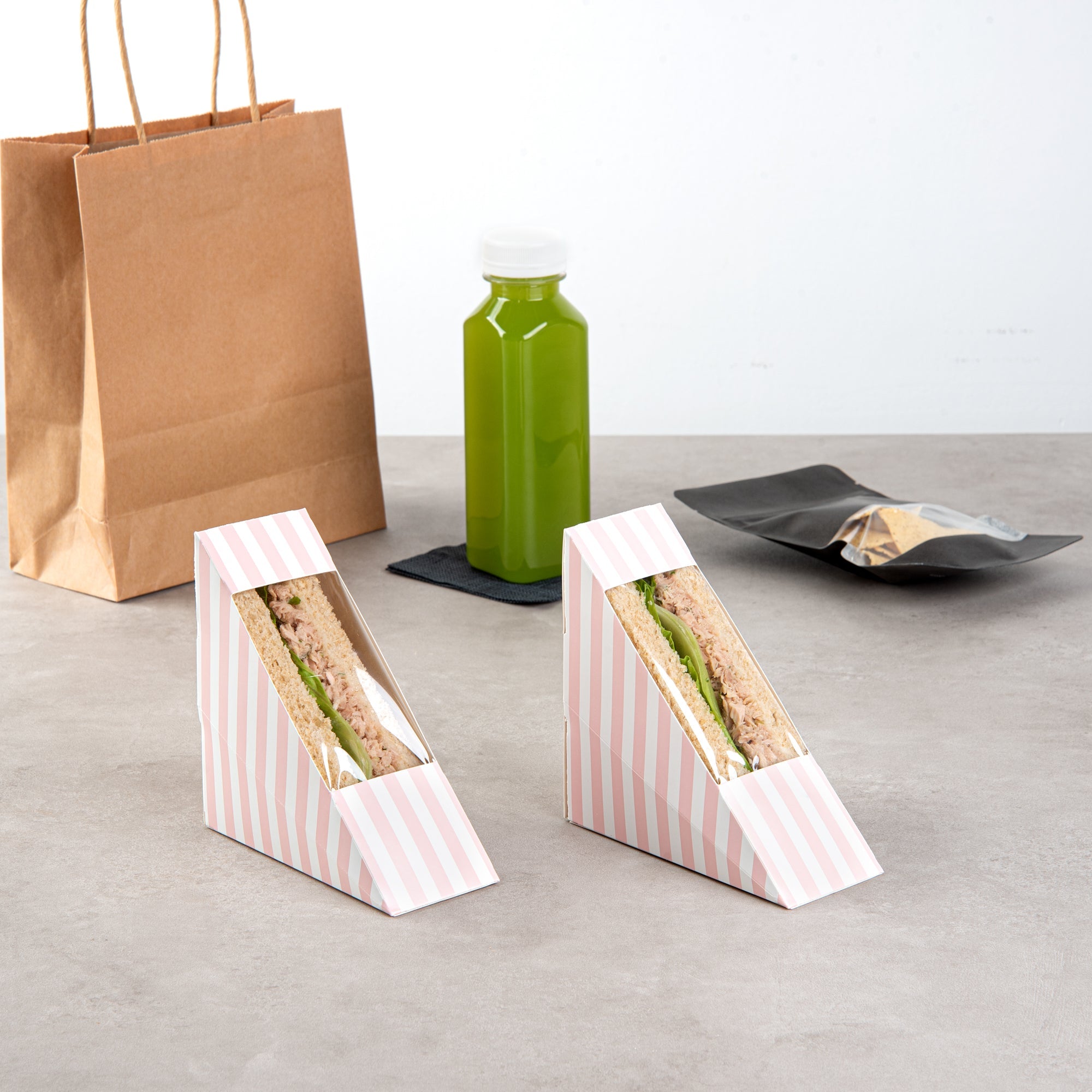 Cafe Vision Triangle Pink and White Stripe Paper Small Sandwich Box - 4 3/4" x 4 3/4" x 2" - 25 count box