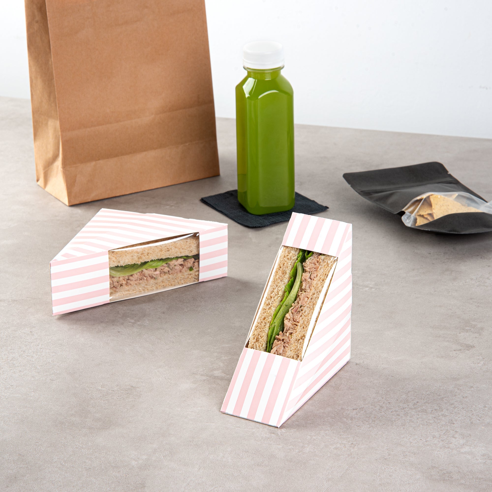 Cafe Vision Triangle Pink and White Stripe Paper Small Sandwich Box - 4 3/4" x 4 3/4" x 2" - 200 count box