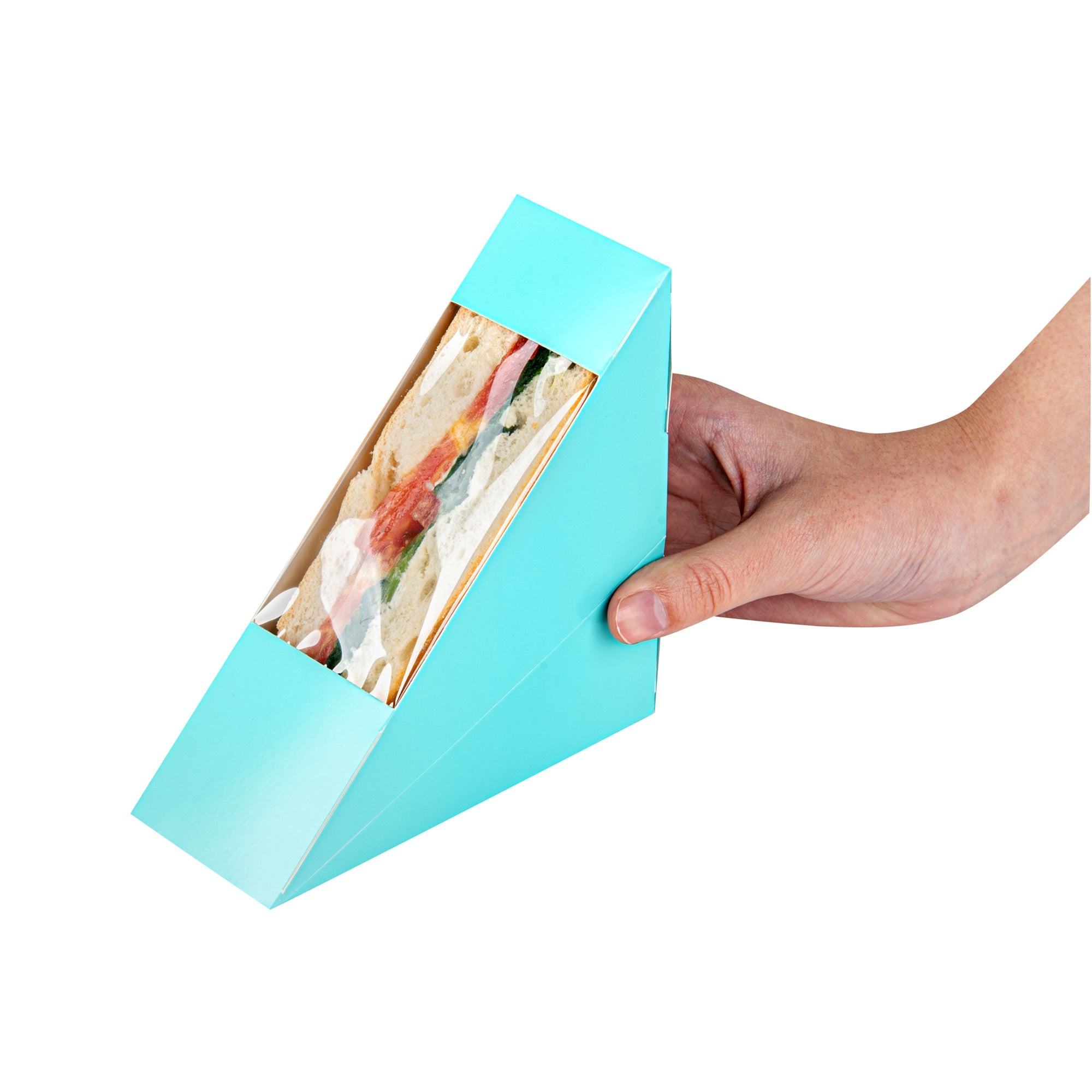Cafe Vision Triangle Turquoise Paper Small Sandwich Box - 4 3/4" x 4 3/4" x 2" - 25 count box