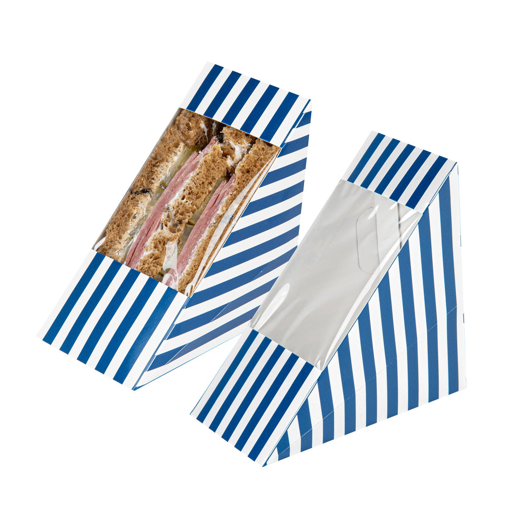 Cafe Vision Triangle Blue and White Stripe Paper Medium Sandwich Box - 4 3/4" x 4 3/4" x 2 3/4" - 25 count box