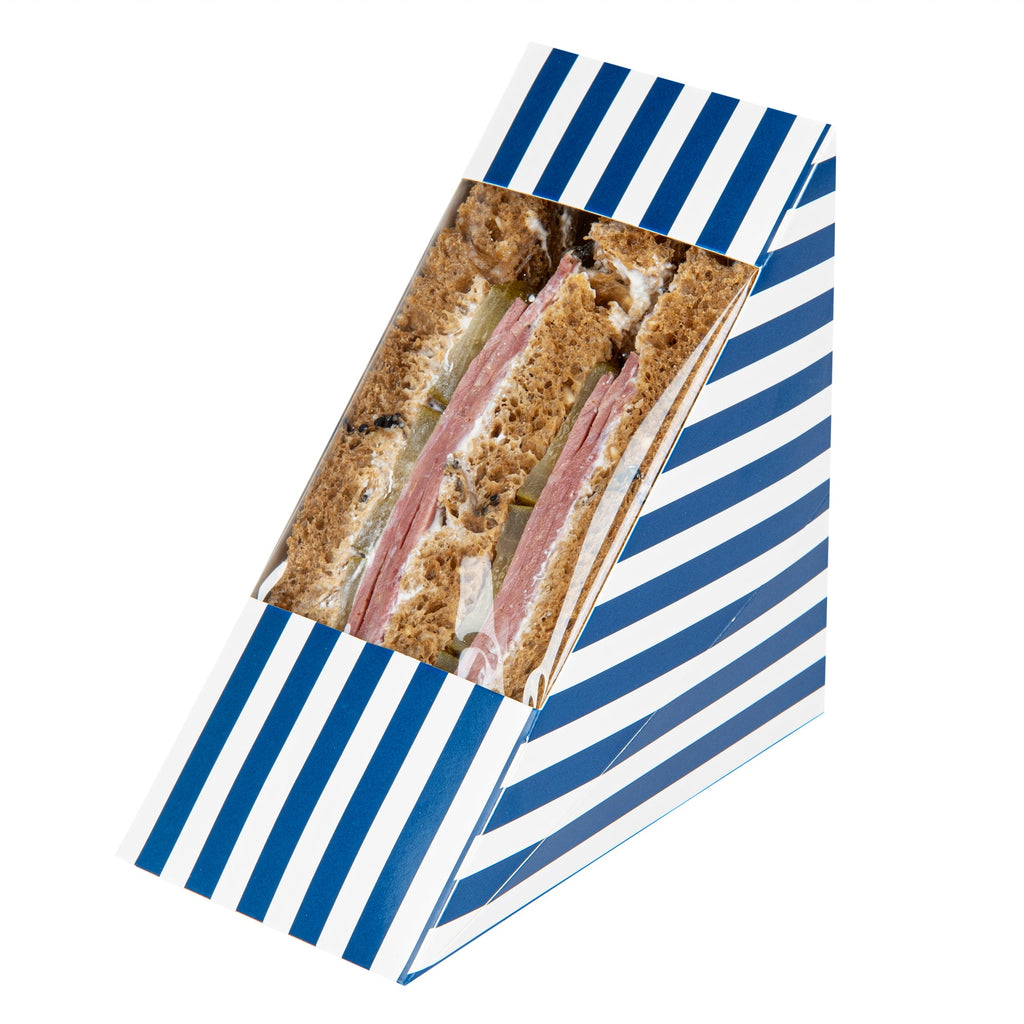 Cafe Vision Triangle Blue and White Stripe Paper Medium Sandwich Box - 4 3/4" x 4 3/4" x 2 3/4" - 25 count box