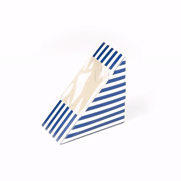 Cafe Vision Triangle Blue and White Stripe Paper Medium Sandwich Box - 4 3/4" x 4 3/4" x 2 3/4" - 25 count box